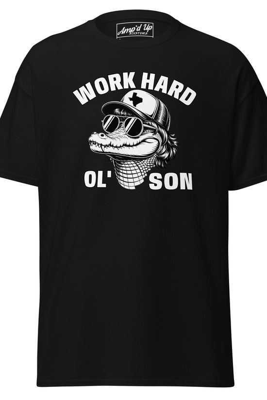Black Amp'd Up Custom Work Hard Ol' Son T-Shirt with alligator graphic wearing sunglasses and hat