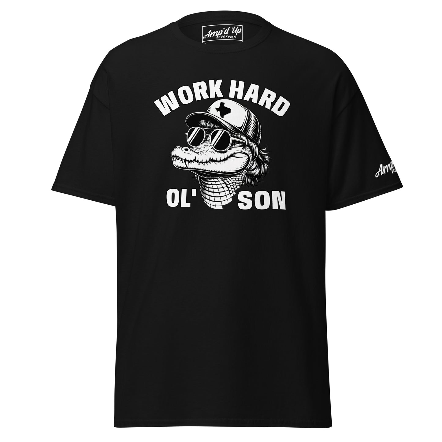 Black Amp'd Up Custom Work Hard Ol' Son T-Shirt with alligator graphic wearing sunglasses and hat