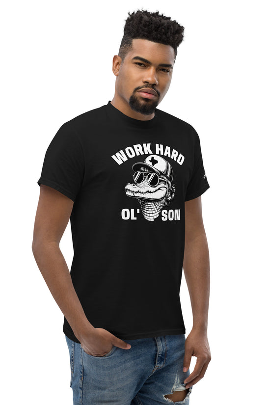 Man wearing black Work Hard Ol Son T-Shirt with graphic design by Amp'd Up Custom