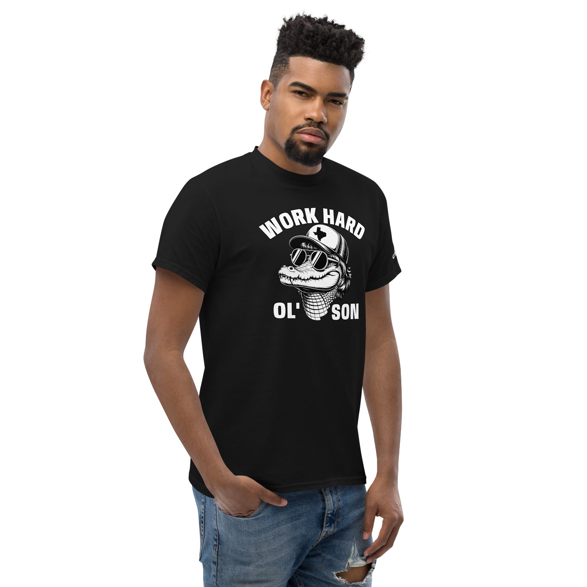 Man wearing black Work Hard Ol Son T-Shirt with graphic design by Amp'd Up Custom