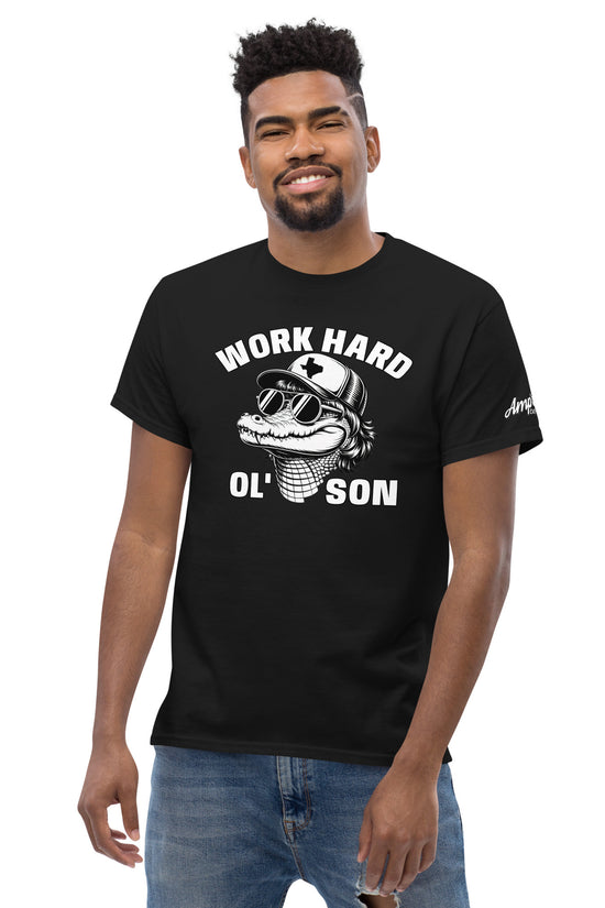 Black Work Hard Ol' Son T-Shirt with graphic design worn by smiling man