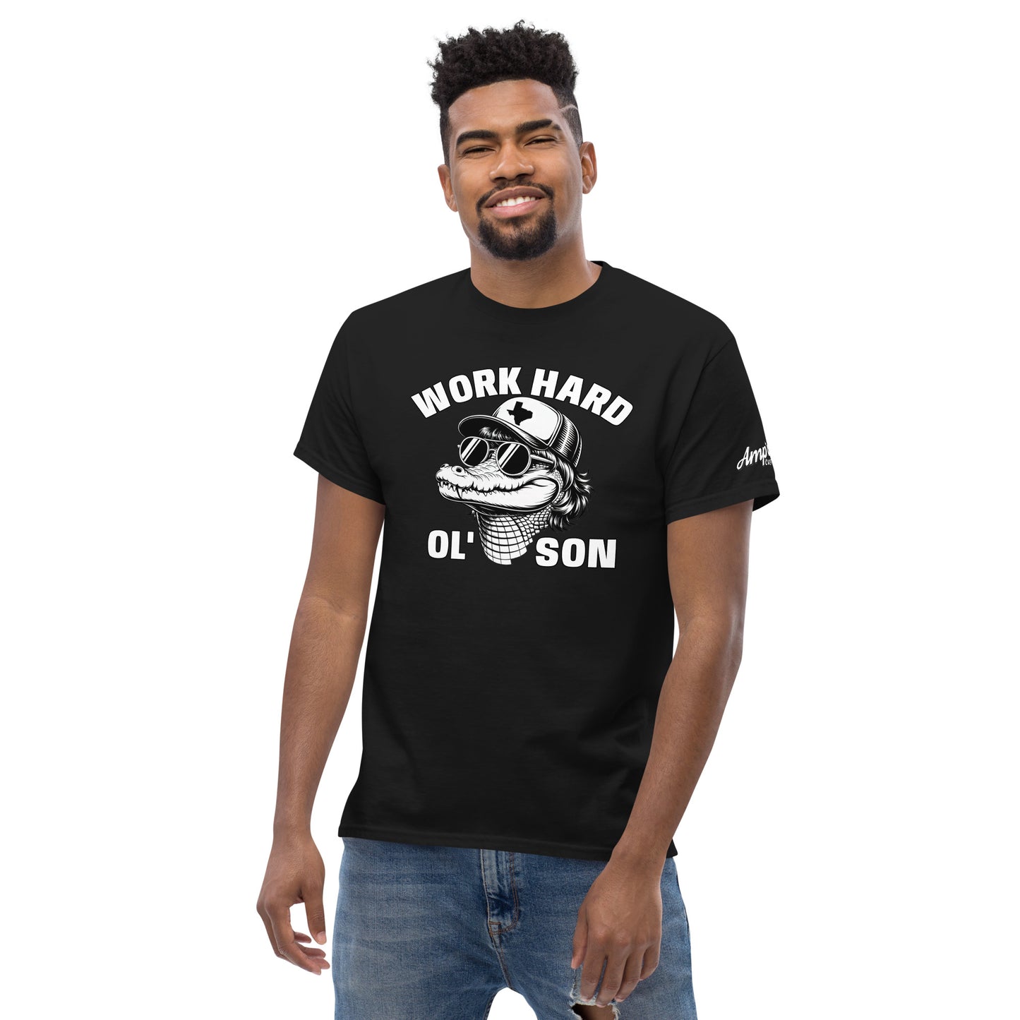 Black Work Hard Ol' Son T-Shirt with graphic design worn by smiling man