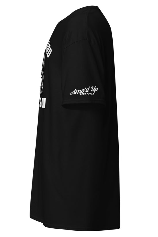 Side view of black Work Hard Ol Son T-Shirt by Amp'd Up Custom with white logo on sleeve