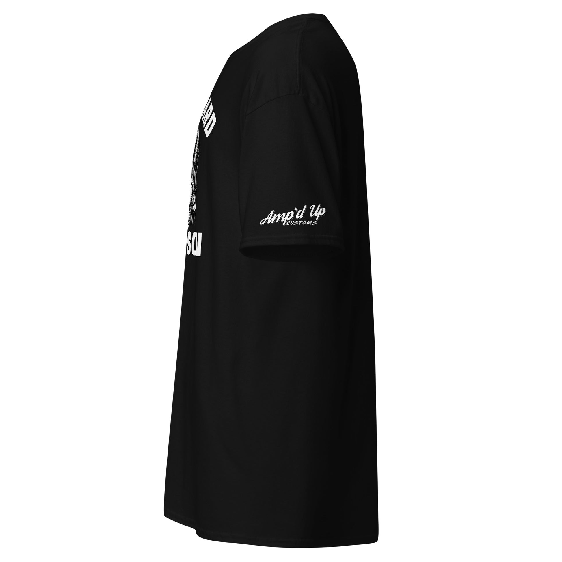 Side view of black Work Hard Ol Son T-Shirt by Amp'd Up Custom with white logo on sleeve