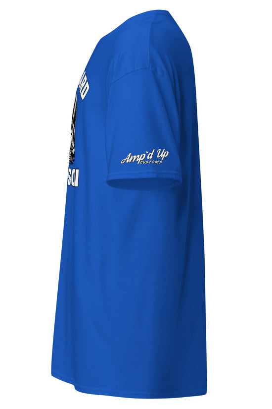 Blue Work Hard Ol' Son T-Shirt by Amp'd Up Custom with logo on sleeve and graphic print