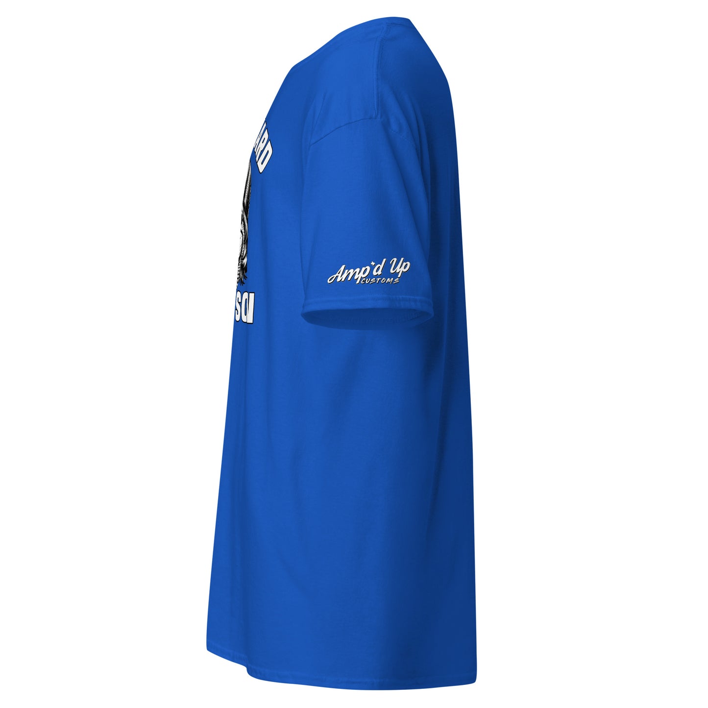 Blue Work Hard Ol' Son T-Shirt by Amp'd Up Custom with logo on sleeve and graphic print