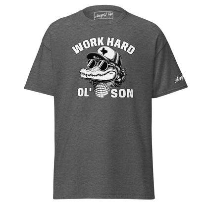 Amp'd Up Custom Work Hard Ol' Son T-Shirt with graphic alligator wearing sunglasses and hat