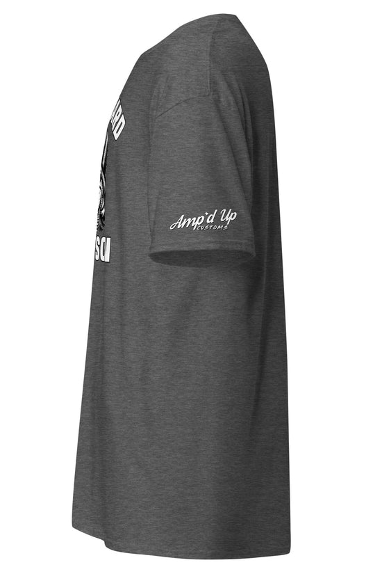 Side view of Amp'd Up Custom charcoal Work Hard Ol' Son T-Shirt with logo on sleeve