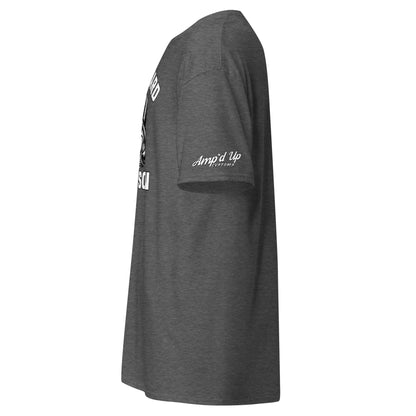 Side view of Amp'd Up Custom charcoal Work Hard Ol' Son T-Shirt with logo on sleeve