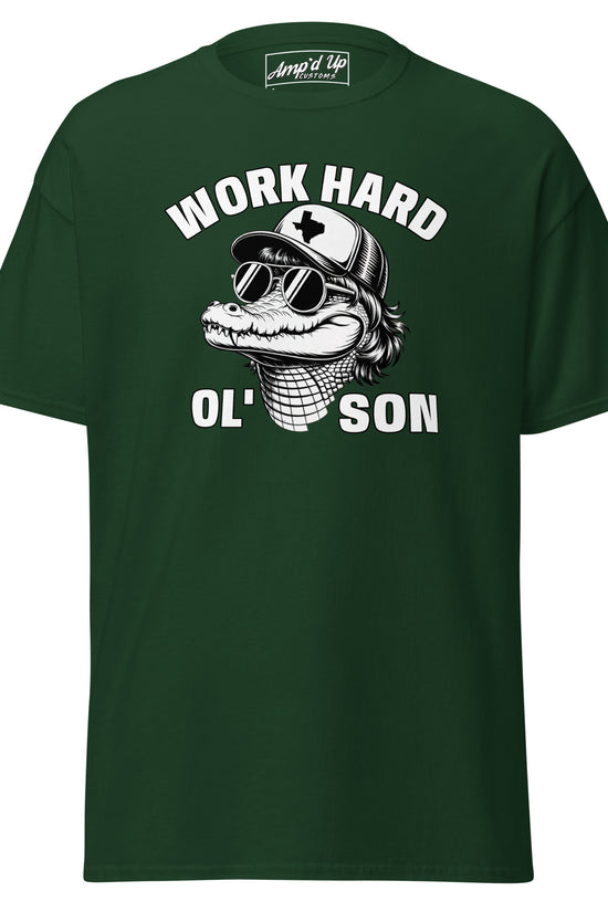 Green Work Hard Ol' Son T-Shirt with alligator wearing sunglasses and cap graphic by Amp'd Up Custom