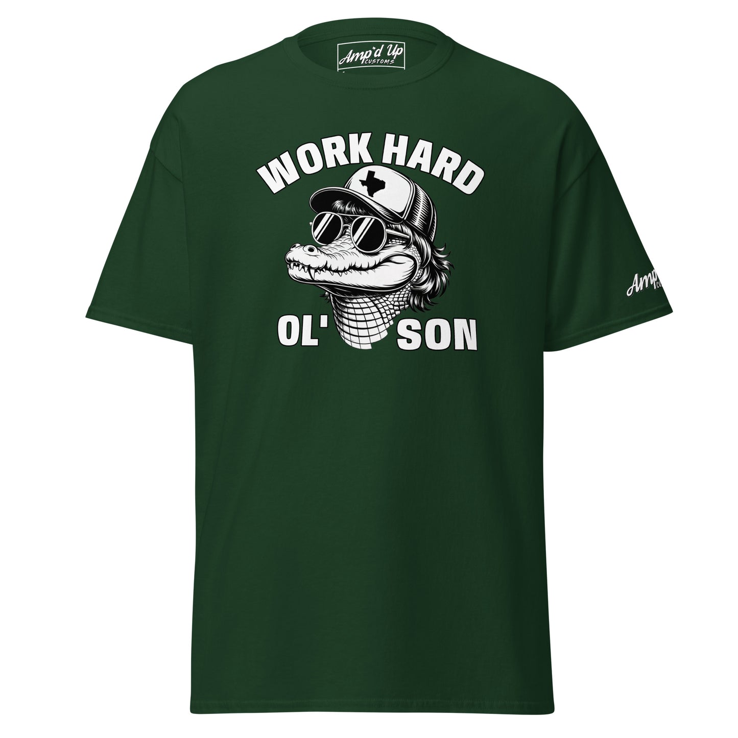 Green Work Hard Ol' Son T-Shirt with alligator wearing sunglasses and cap graphic by Amp'd Up Custom