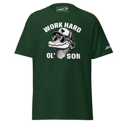 Green Work Hard Ol' Son T-Shirt with alligator wearing sunglasses and cap graphic by Amp'd Up Custom