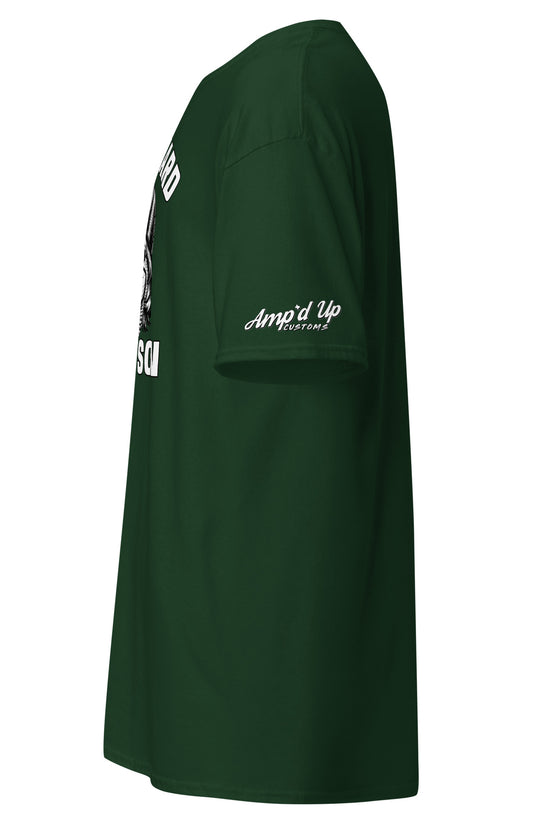 Green Work Hard Ol' Son T-Shirt by Amp'd Up Custom shown from the side with logo on sleeve