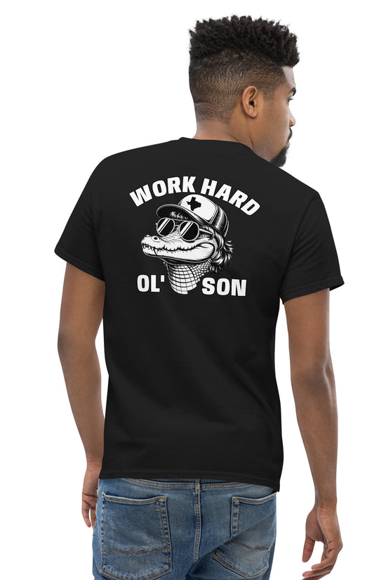 Amp'd Up Custom black T-shirt with Work Hard Ol' Son T-Shirt Graphic On Back featuring a cool skull wearing sunglasses and a cap