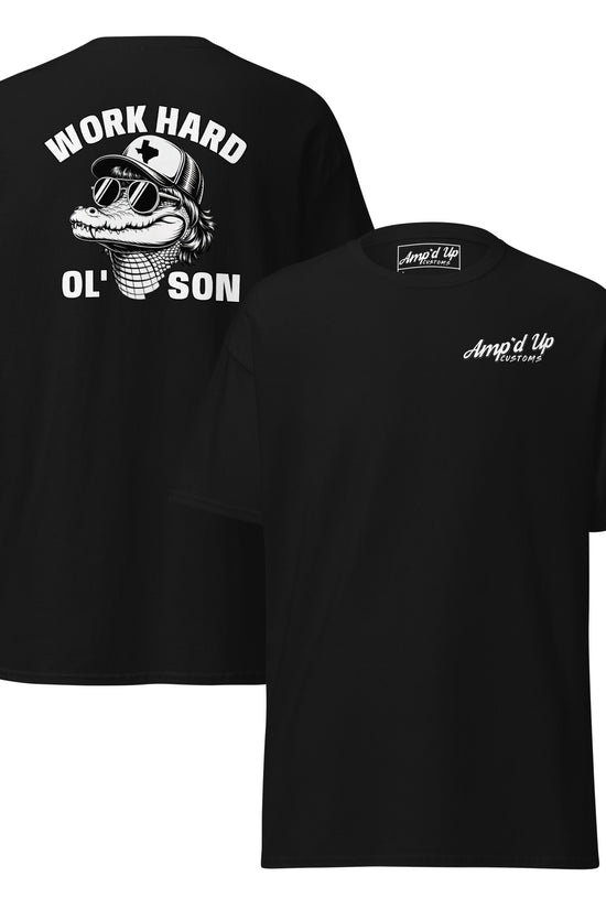 Amp'd Up Custom black T-shirt with Work Hard Ol' Son T-Shirt Graphic On Back and small logo on front chest