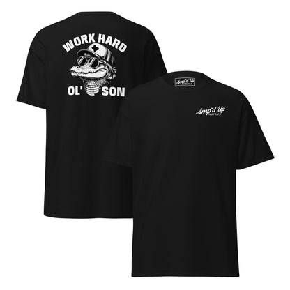 Amp'd Up Custom black T-shirt with Work Hard Ol' Son T-Shirt Graphic On Back and small logo on front chest