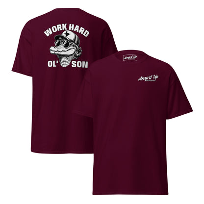 Amp'd Up Custom maroon T-shirt with Work Hard Ol' Son T-Shirt Graphic On Back featuring an alligator wearing sunglasses and a hat