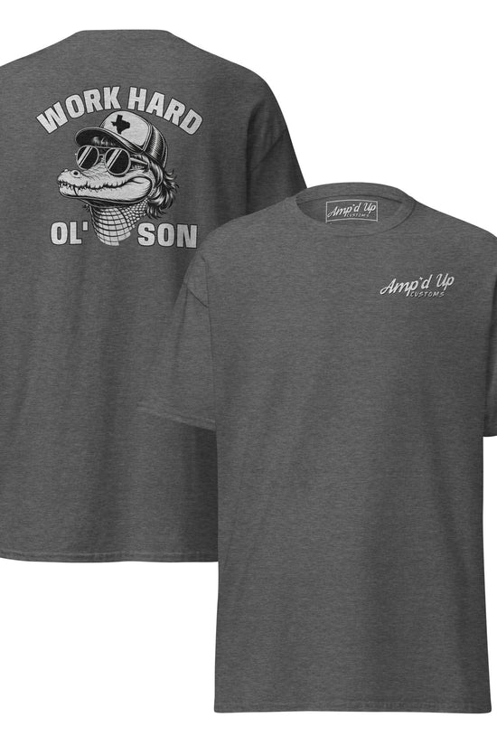 Amp'd Up Custom gray Work Hard Ol' Son T-Shirt Graphic On Back with crocodile wearing hat and sunglasses