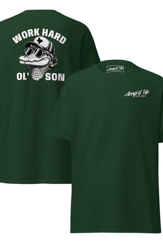 Amp'd Up Custom green T-shirt with Work Hard Ol' Son T-Shirt Graphic On Back featuring alligator wearing sunglasses and hat