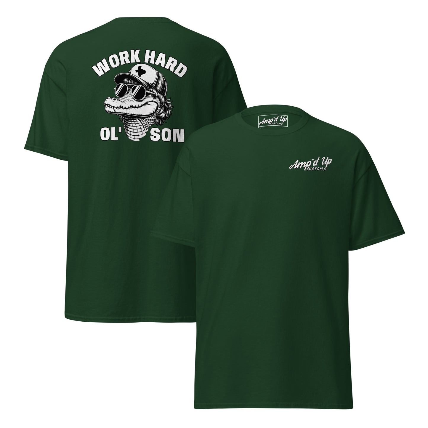 Amp'd Up Custom green T-shirt with Work Hard Ol' Son T-Shirt Graphic On Back featuring alligator wearing sunglasses and hat