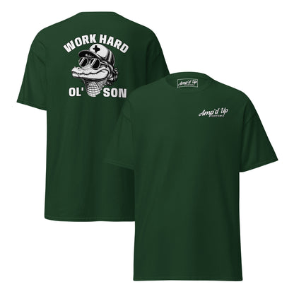 Amp'd Up Custom green T-shirt with Work Hard Ol' Son T-Shirt Graphic On Back featuring alligator wearing sunglasses and hat