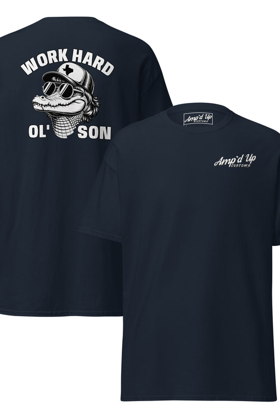 Amp'd Up Custom black T-shirt with Work Hard Ol' Son T-Shirt Graphic On Back and front logo