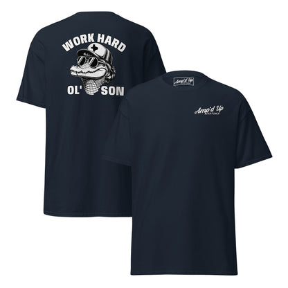 Amp'd Up Custom black T-shirt with Work Hard Ol' Son T-Shirt Graphic On Back and front logo
