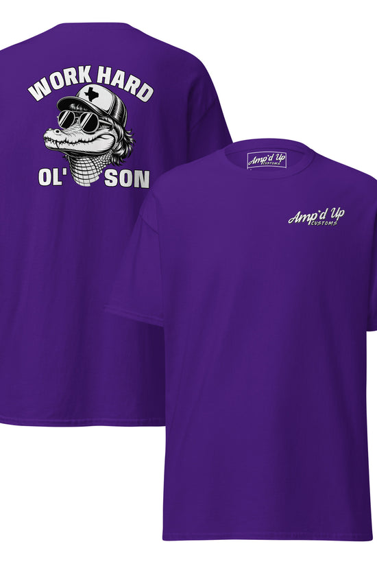 Purple Amp'd Up Custom T-shirt with Work Hard Ol' Son T-Shirt Graphic On Back and small front logo
