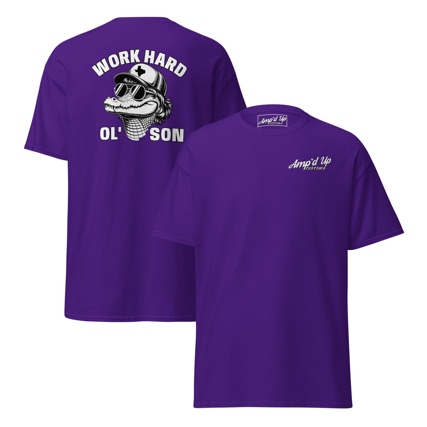 Purple Amp'd Up Custom T-shirt with Work Hard Ol' Son T-Shirt Graphic On Back and small front logo