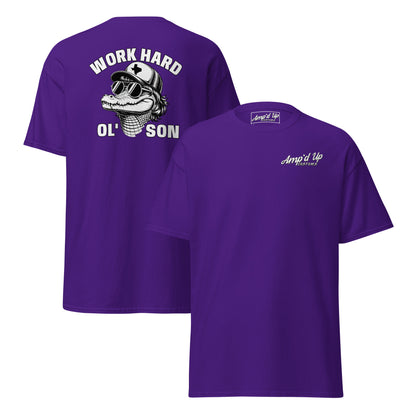 Purple Amp'd Up Custom T-shirt with Work Hard Ol' Son T-Shirt Graphic On Back and small front logo