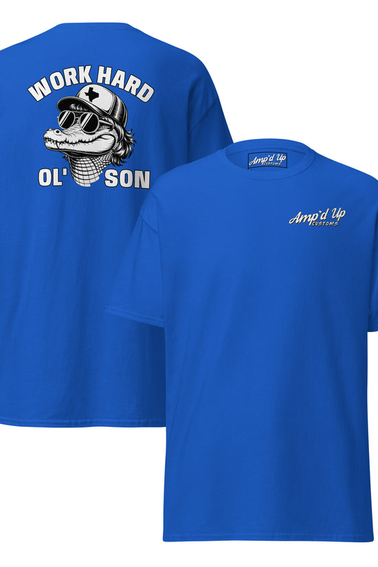 Amp'd Up Custom blue T-shirt with Work Hard Ol' Son T-Shirt Graphic On Back and small front logo