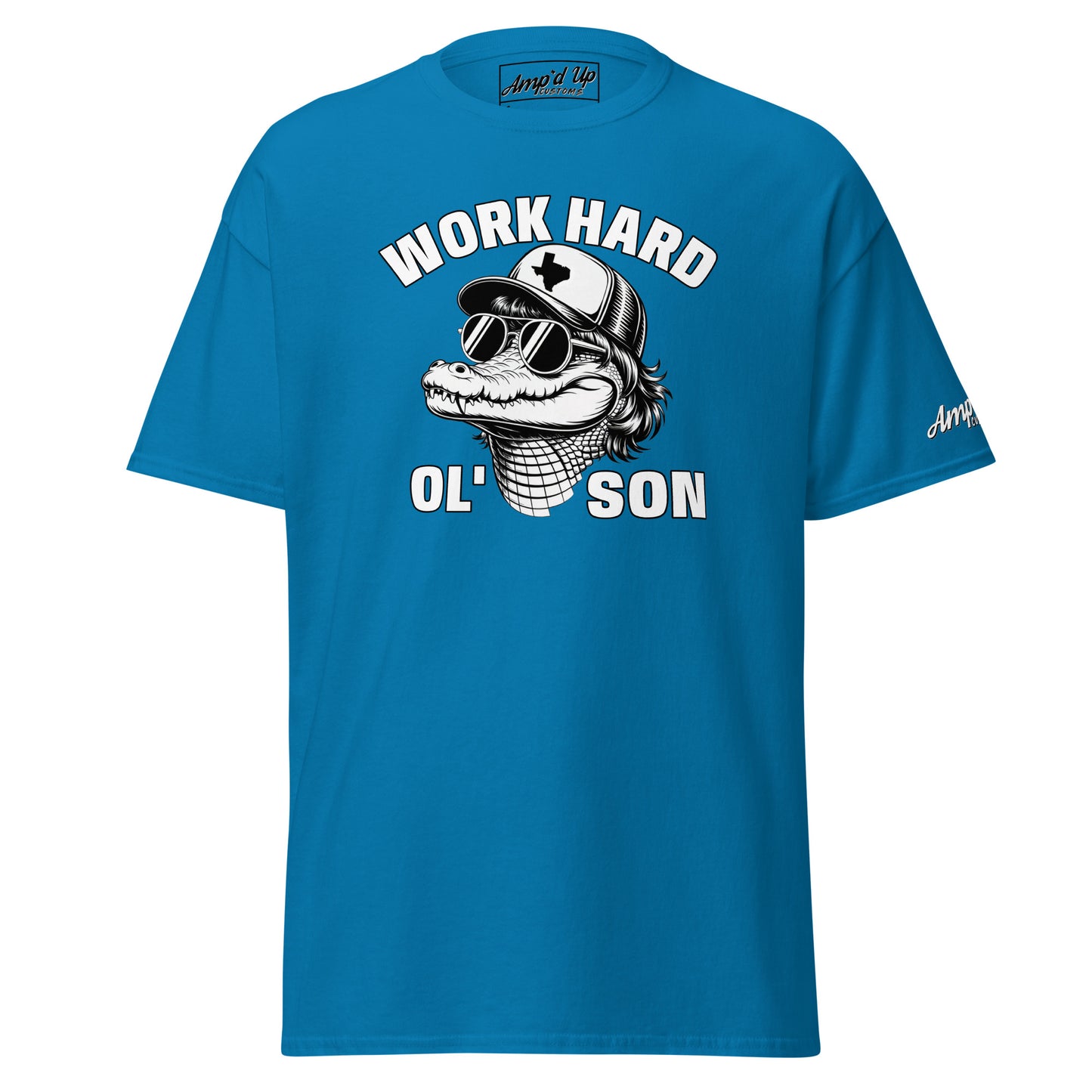 Work Hard Ol' Son T-Shirt by Amp'd Up Custom in blue with alligator wearing sunglasses and hat graphic