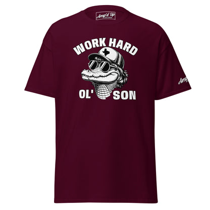 Work Hard Ol' Son T-Shirt by Amp'd Up Custom in burgundy with graphic alligator design and white text