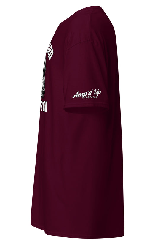 Burgundy Work Hard Ol' Son T-Shirt by Amp'd Up Custom showing side view with logo on sleeve