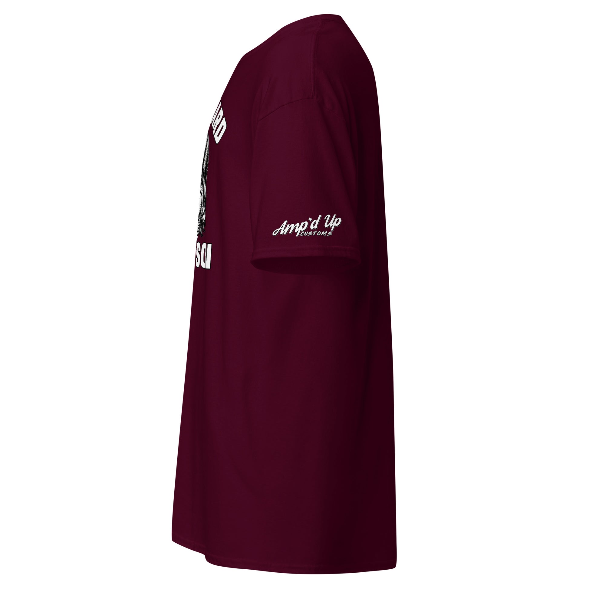 Burgundy Work Hard Ol' Son T-Shirt by Amp'd Up Custom showing side view with logo on sleeve