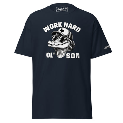 Work Hard Ol' Son T-Shirt by Amp'd Up Custom featuring cool alligator with sunglasses and hat design