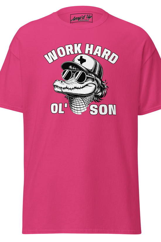 Amp'd Up Custom pink Work Hard Ol' Son T-Shirt featuring cool alligator graphic with sunglasses and cap