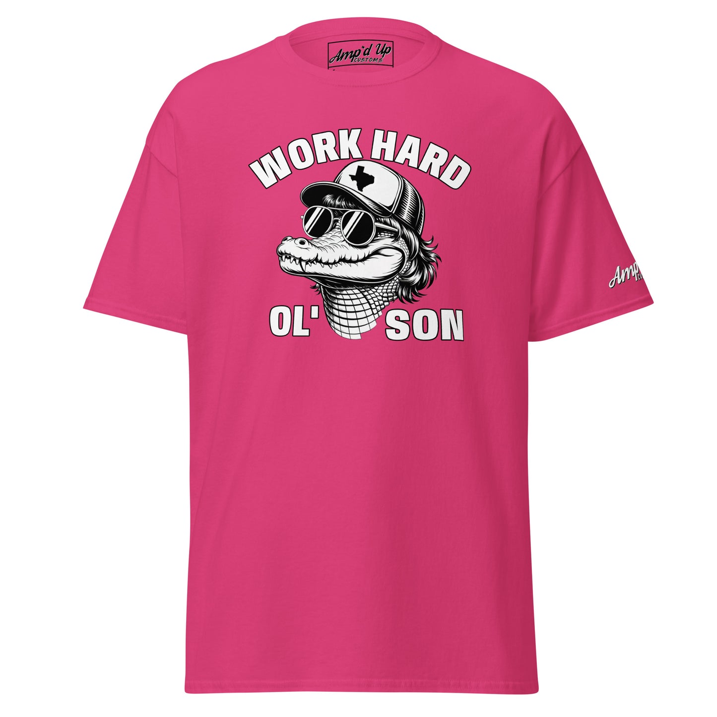 Amp'd Up Custom pink Work Hard Ol' Son T-Shirt featuring cool alligator graphic with sunglasses and cap