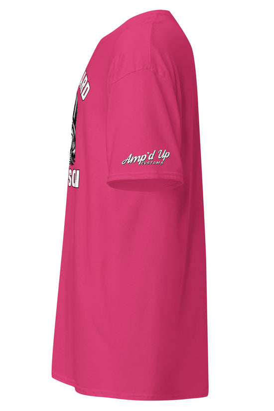 Amp'd Up Custom Work Hard Ol' Son T-Shirt in bright pink side view with logo on sleeve
