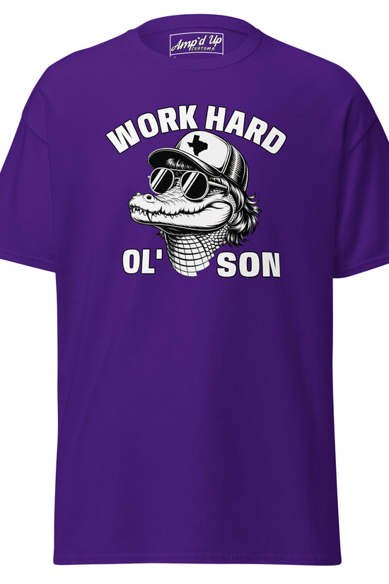 Purple Work Hard Ol' Son T-Shirt by Amp'd Up Custom with alligator graphic wearing sunglasses and cap