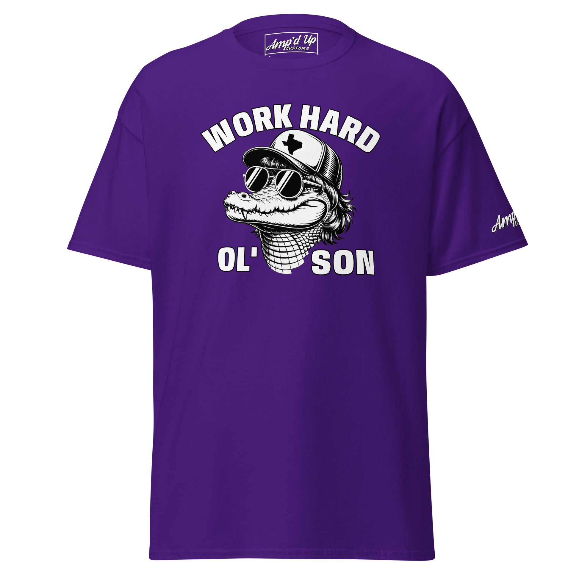 Purple Work Hard Ol' Son T-Shirt by Amp'd Up Custom with alligator graphic wearing sunglasses and cap