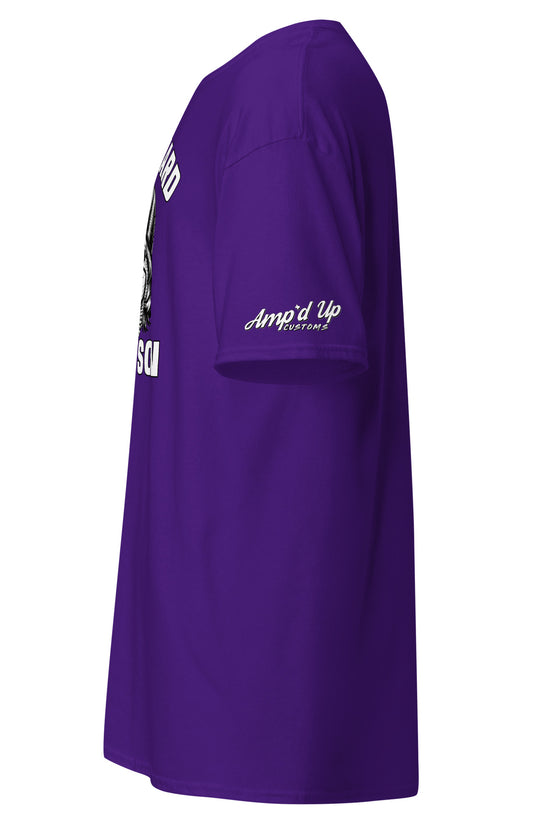 Purple Work Hard Ol' Son T-Shirt by Amp'd Up Custom shown from side with logo on sleeve