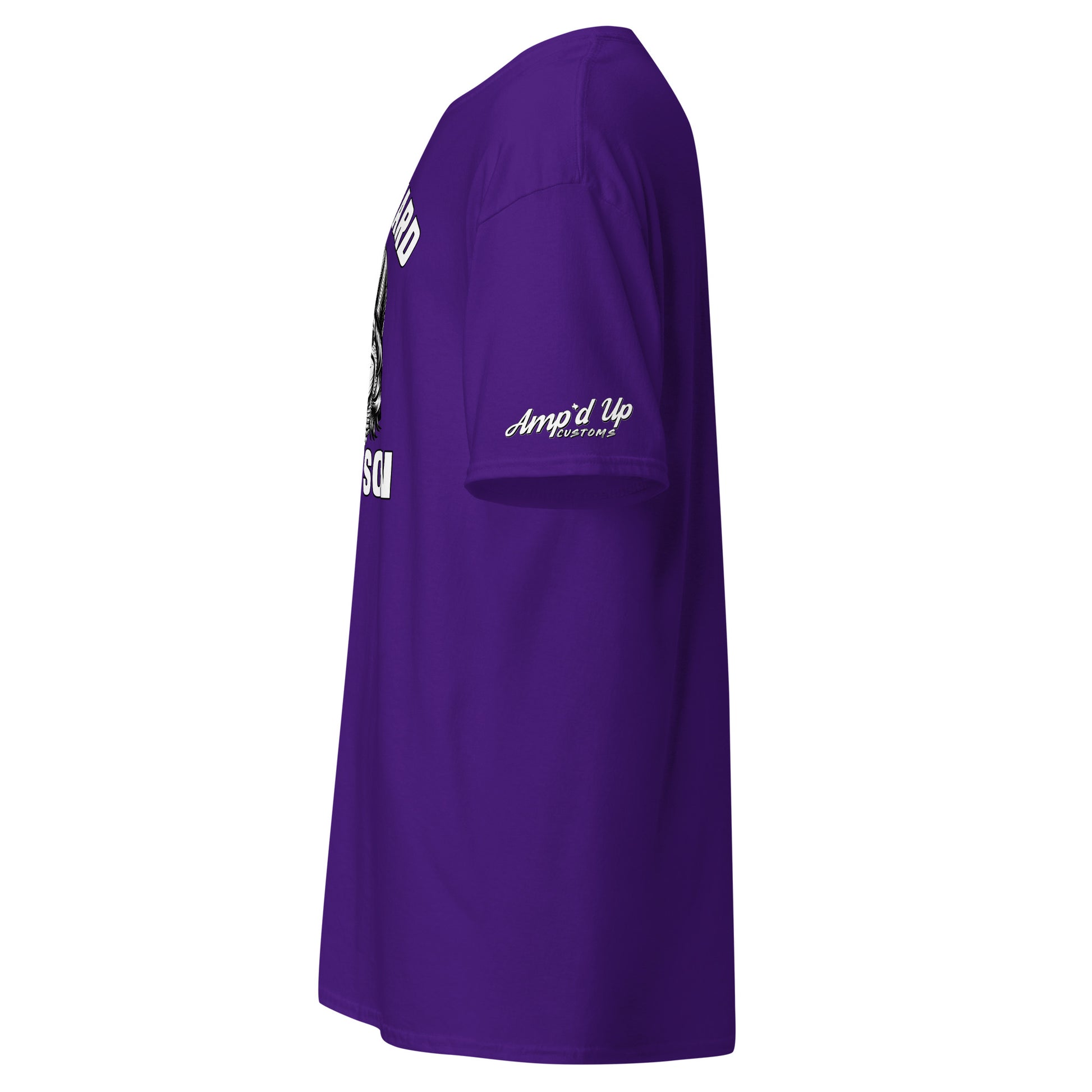 Purple Work Hard Ol' Son T-Shirt by Amp'd Up Custom shown from side with logo on sleeve
