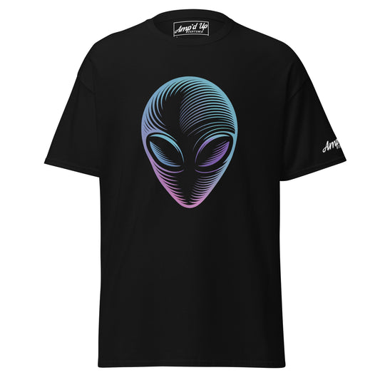 Amp'd Up Custom black Alien T-Shirt with blue and purple gradient alien head graphic design