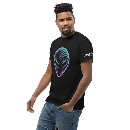 Black Alien T-Shirt by Amp'd Up Custom featuring a colorful alien face graphic on front