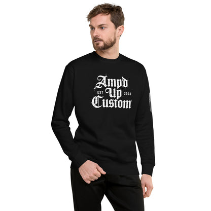 Male model wearing black Amp'd Up Custom EST2024 Sweatshirt with white gothic logo on front