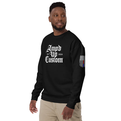 Amp'd Up Custom EST2024 Sweatshirt black crewneck on male model with white gothic logo and sleeve flag patch