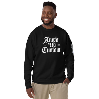 Male model wearing black Amp'd Up Custom EST2024 Sweatshirt with white gothic logo and small sleeve flag