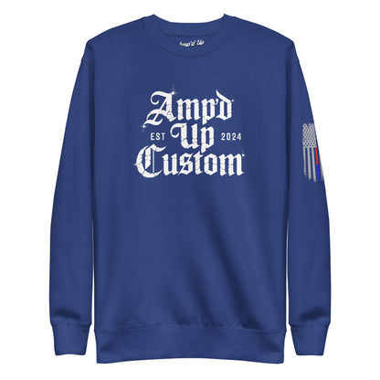 Amp'd Up Custom EST2024 Sweatshirt blue crewneck with white gothic logo and sleeve flag graphic