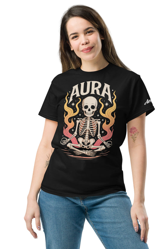 Woman wearing black AURA T-Shirt by Amp'd Up Custom featuring skeleton with flames design